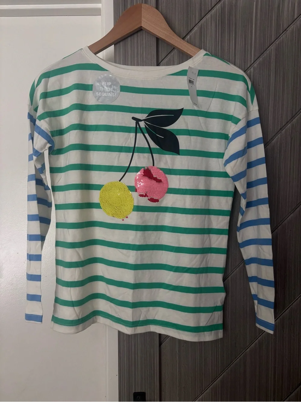 NWT GAP Striped Long-Sleeve Tee with Cherry Graphic Green, Blue & Pink Size XL